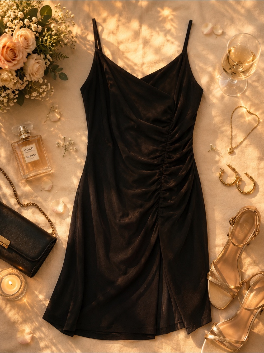 Superé Black Satin Ruched Mini Dress Size 12 Date Night Cocktail Dress